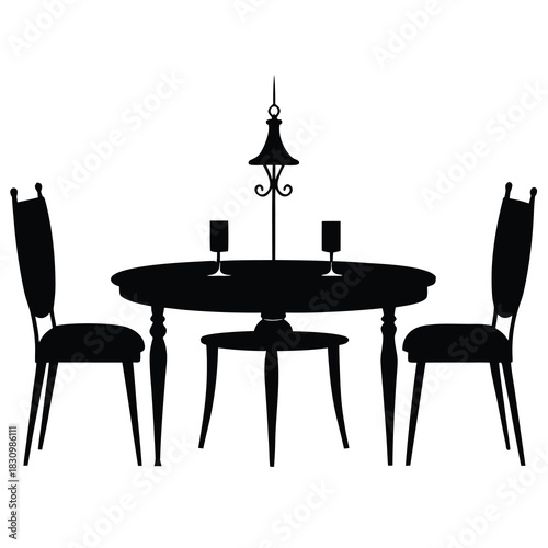 Dining room round table with glasses and chairs for dinner interior design