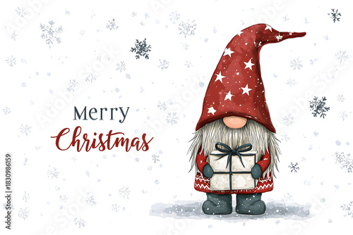 Whimsical Christmas gnome with a gift standing against a snowy backdrop celebrating the holiday spirit