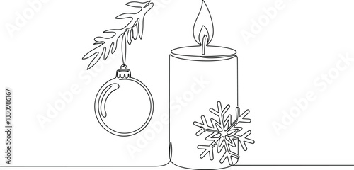 One-Line Christmas Card with Candle and Ornament.