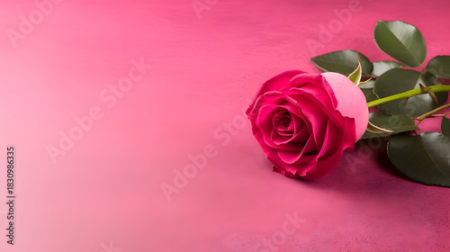 A beautiful red rose lying on a pink background,  perfect for valentines day or any romantic occasion,  with space for text or design elements