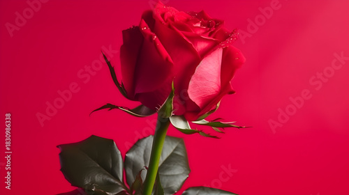 A vibrant red rose stands tall against a matching red backdrop,  its velvety petals and verdant leaves showcasing natures artistry and passionate allure