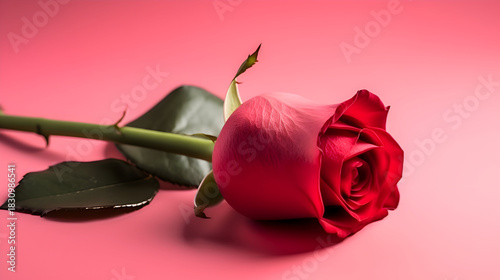 A single red rose lies gracefully on a pink surface,  its velvety petals and verdant leaves creating a romantic and elegant composition