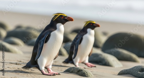 Two crested penguins on a rocky beach