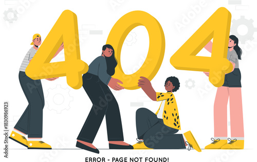 Diverse group of people holding large yellow 404 error numbers page not found error message