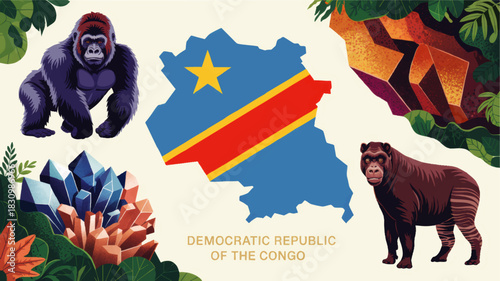Democratic Republic of the Congo map with flag, gorilla and okapi wildlife, jungle plants, crystals and minerals, colorful flat vector illustration