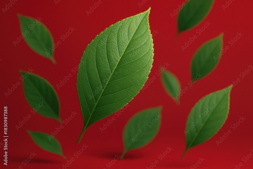 Fototapeta premium Elegant Foliage Display: A vibrant display of green leaves against a rich red backdrop, capturing the delicate beauty of nature and evoke a sense of freshness and harmony.