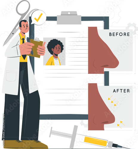 Doctor examining before and after nose job results with patient surgeon medical