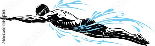 Muscular professional swimmer diving underwater in a dynamic race action pose with splashing water; black and white vector sport illustration for fitness, competition, and healthy lifestyle.