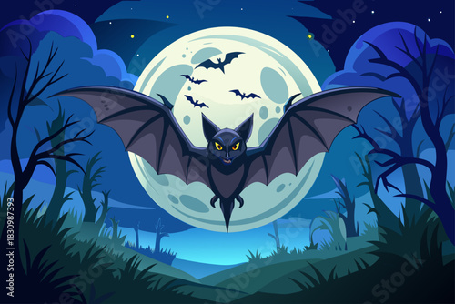 Bat flying over full moon with wide open wings, dramatic dark blue sky background, spooky Halloween atmosphere, detailed nocturnal wildlife silhouette, and mystical moonlight scene illustration.