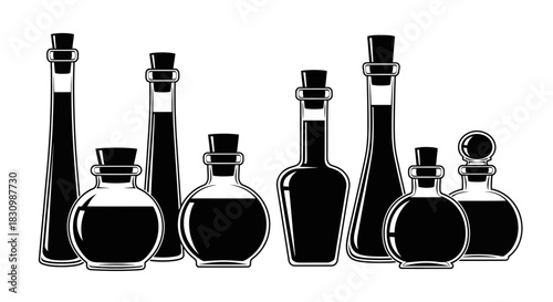 Collection of glass bottles with corks holding mysterious liquid