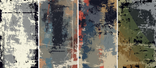 A set of four abstract grunge backgrounds featuring heavily scratched and weathered textures in muted earth tones.