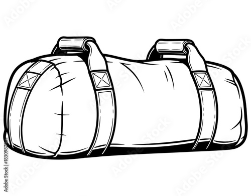 Sports gym duffel bag for travel or workout hand drawn vector illustration. Black and white luggage carryall sketch isolated on white background.