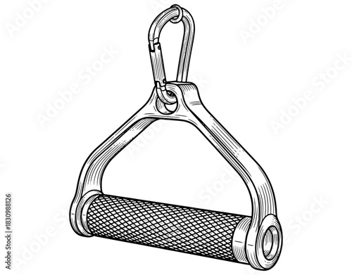 Single D-handle cable attachment for gym machine hand drawn vector illustration. Black and white fitness workout stirrup grip sketch isolated on white background.