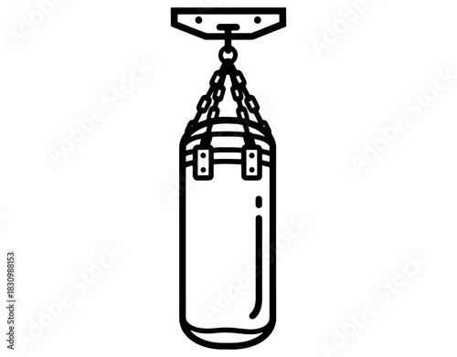 Hanging punching bag icon for boxing workout hand drawn vector illustration. Black and white gym heavy bag sketch isolated on white background.