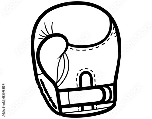 Single boxing glove hand drawn vector illustration. Black and white fight sport equipment sketch with velcro strap isolated on white background.