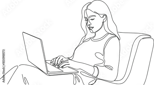 One Continuous Line Illustration of Woman Browsing on Laptop.