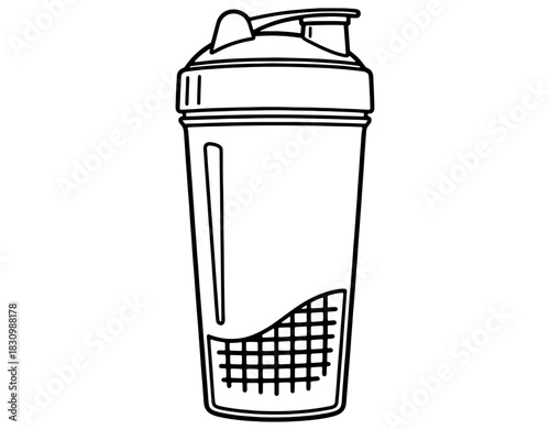 Plastic protein shaker bottle hand drawn vector illustration. Black and white gym sports water container sketch isolated on white background.