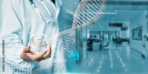 Doctor using AI and DNA technology for genetic analysis and precision medicine, representing innovation in digital healthcare, biotechnology research, and smart medical diagnostics future of medicine.