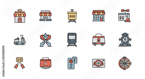 A set of colorful flat icons depicting various objects and concepts like buildings, vehicles, and technological elements with a consistent graphic style