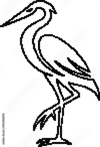 Pixelated heron outline on white background, Bird pixel line art wildlife graphic