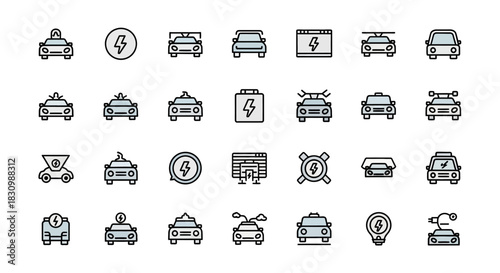 A collection of 28 vector icons featuring electric cars and associated symbols, displayed in a grid on a white background. Icons represent charging, energy, and electric vehicle concepts