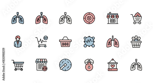 Set of 15 colorful outlined icons featuring various subjects including human lungs, shopping carts, graphs, hearts, flowers, a person,  storefronts, and a power button