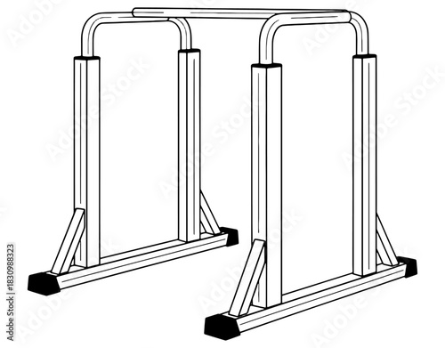 Parallel bars or dip station for calisthenics workout hand drawn vector illustration. Black and white gym fitness equipment sketch isolated on white background.