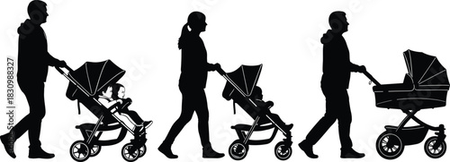 Parent silhouette vector, adults pushing strollers, child care walk, black figures, family outing, caregiving concept, urban parenting, white background