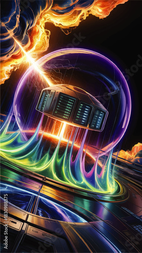 Futuristic quantum server protected by neon energy shield in cosmic data center, vibrant sci fi technology illustration