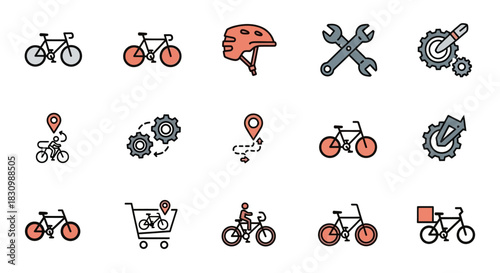 A collection of bike-related icons, including bicycles, helmets, tools, gears, and location markers. Some show cyclists and deliveries, while others focus on mechanical aspects