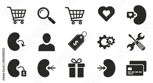 A collection of simple black and white vector icons on a white background. Icons include shopping carts, a magnifying glass, a heart, body organs, people silhouettes, gift box, price tag and tools