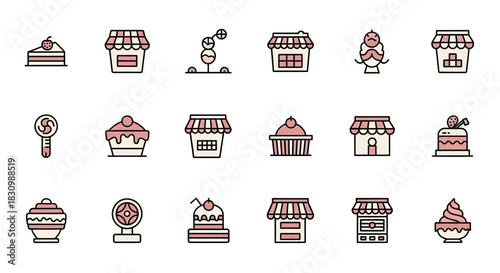 A set of colorful flat-style dessert shop icons, showcasing various sweet treats like cakes, cupcakes, lollipops, and storefronts. The style is clean, modern, and suitable for design projects