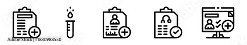 Pack de iconos de estudio clínico. Microscopio analítico, documento médico, frasco de muestra, gráfico de salud y usuario médico evaluando. Diseño vectorial lineal