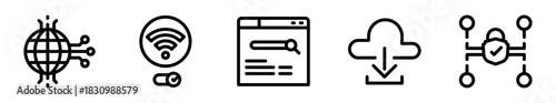 Pack de iconos de internet. Globo conectado, wifi activado, navegador con búsqueda, nube con descarga y candado seguro conectado. Diseño vectorial lineal
