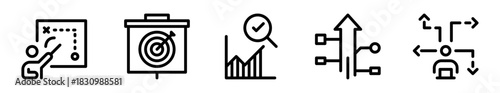 Pack de iconos de estrategia empresarial. Persona enseñando en pizarra, objetivo, gráfica creciente con aprobación, profesional conectado. Diseño vectorial lineal