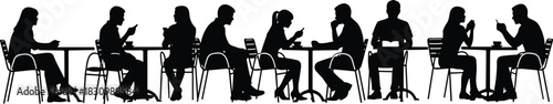 People sitting at cafe tables ignoring each other while looking at their smartphones, illustrating modern 