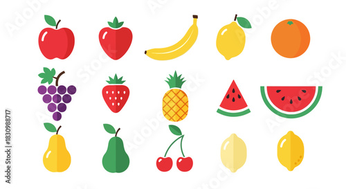 A flat design collection of various colorful fruits including apples, bananas, strawberries, grapes, lemons, oranges, watermelon, pineapples, pears and cherries. Each item is a simplified illustration