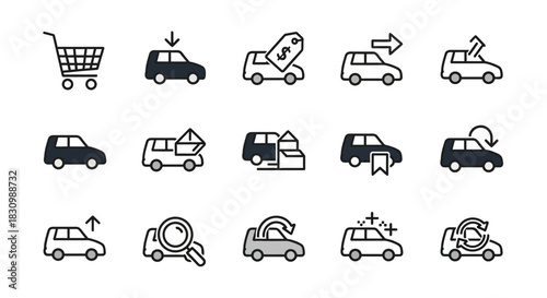A collection of simple vehicle-related icons in a line art style.  Icons include a shopping cart, cars with arrows, tags, and other symbols related to cars
