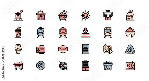A collection of 24 colorful, minimalist icons. Images include transportation, architecture, objects, and signs, rendered with black outlines and filled with pastel hues