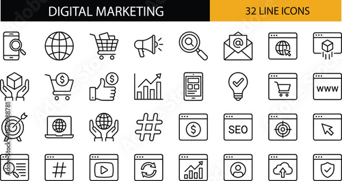 Digital marketing line icon set featuring 32 clean symbols for online advertising, SEO, analytics, e-commerce, branding, strategy, social media, and growth.