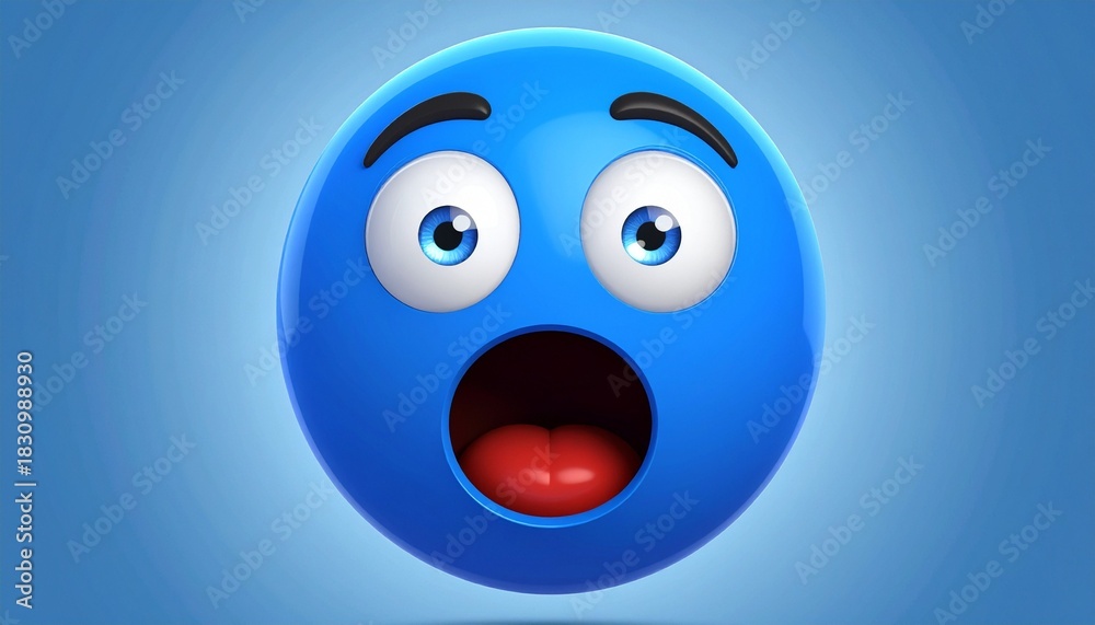 Fototapeta premium Blue emoji face with wide eyes, open mouth, and raised eyebrows expressing shock on gradient background.