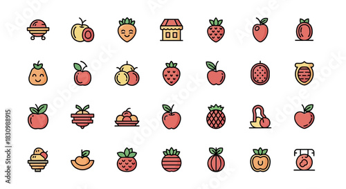 Colorful fruit icons. Line-drawn illustrations with a variety of fruits, each with a unique shape, and color. There's also a food cart and small shop icon