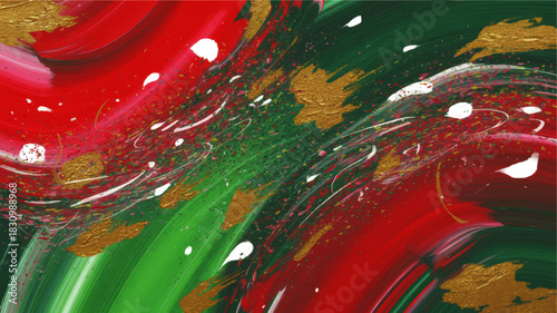 Festive red and green abstract painting with gold metallic splashes, dynamic brush strokes and holiday celebration background