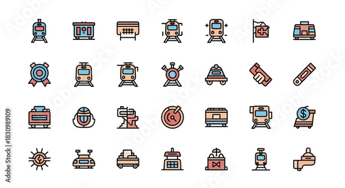 A grid of 30 colorful, cartoonish icons, featuring various train-related illustrations like trains, carts, awards, flags, and measurement tools. The style is outlined with pastel colors