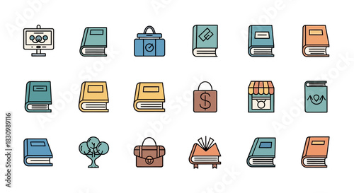 A collection of sixteen colorful illustrated icons, depicting various elements such as books, a briefcase, a presentation screen, a tree, and a shop. The style is flat with black outlines