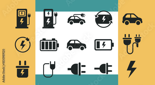 A collection of black icons representing electric vehicles and related charging and energy concepts.  The illustrations depict cars, chargers, batteries, and plugs, with lightning bolt symbols