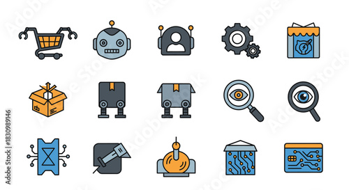 Vector illustrations of various technology and e-commerce-related icons, including robots, gears, shopping cart, circuit boards, and magnifying glasses