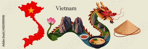 Vietnam culture illustration with map dragon Ha Long Bay lotus pho soup conical hat Vietnamese travel tourism background
