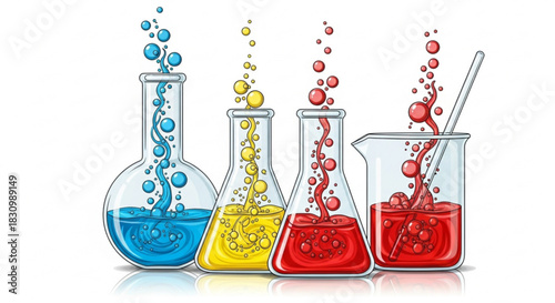 Colorful liquids bubbling and mixing inside lab glassware, illustrating a science experiment.
