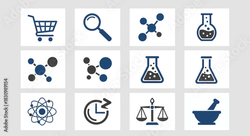 A grid displays twelve simple vector icons, primarily in blue and gray, set against a light gray background. The icons represent a shopping cart, magnifying glass, molecules, flasks, and atomic models
